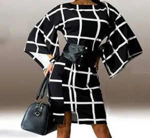 Arrival Fashion Flare Sleeve Plaid Print Loose Dress Women Elegant O Neck Knee Length Autumn Vestidos Dresses