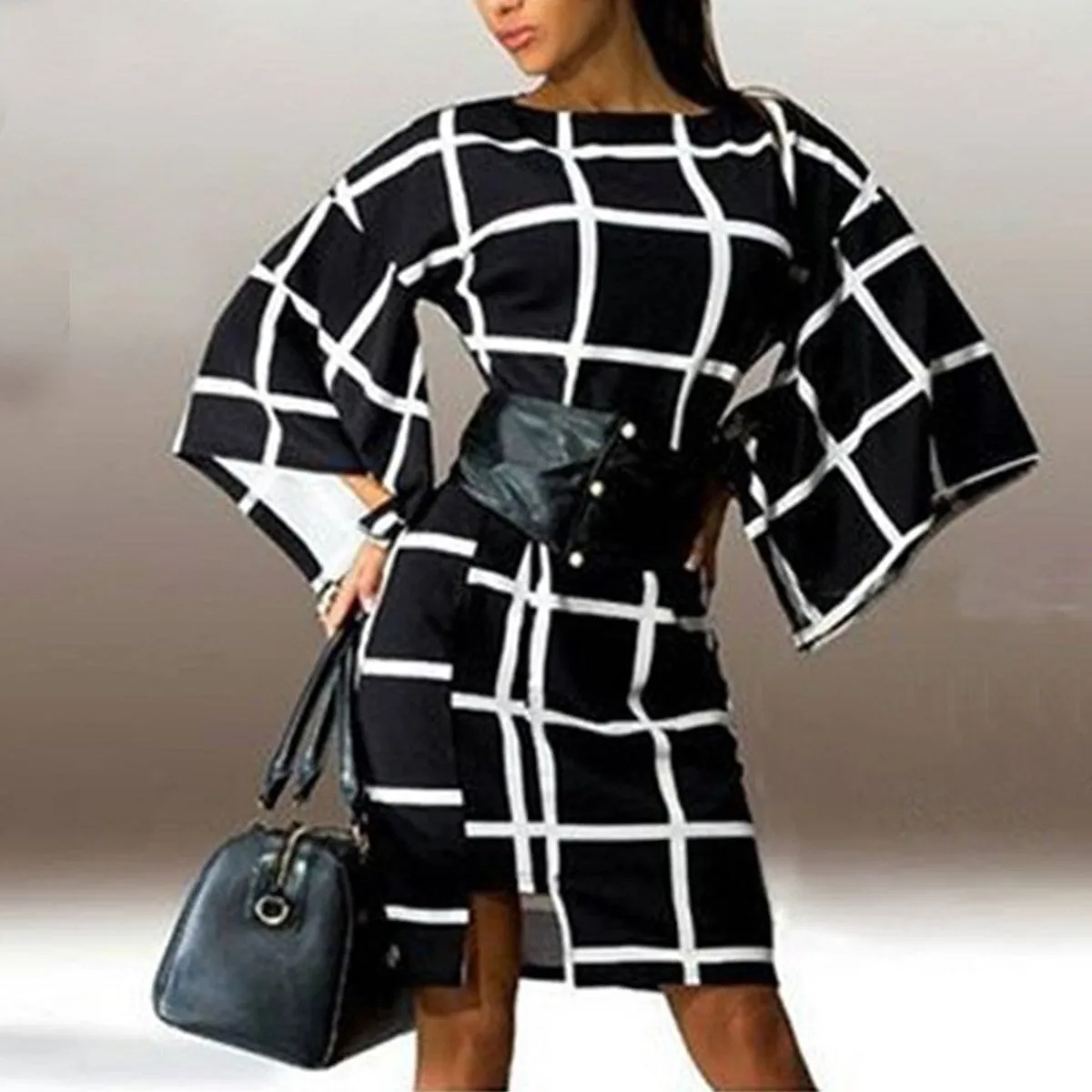 Arrival Fashion Flare Sleeve Plaid Print Loose Dress Women Elegant O Neck Knee Length Autumn Vestidos Dresses
