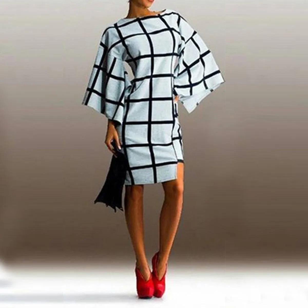 Arrival Fashion Flare Sleeve Plaid Print Loose Dress Women Elegant O Neck Knee Length Autumn Vestidos Dresses