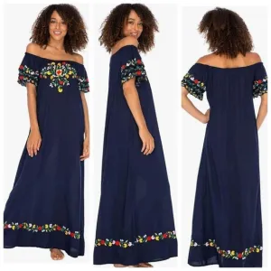 Back From Bali Womens Long Mexican Embroidered Dress, Maxi Long Summer Peasant