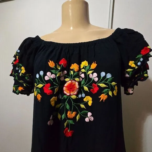 Back From Bali Womens Long Mexican Embroidered Dress, Maxi Long Summer Peasant