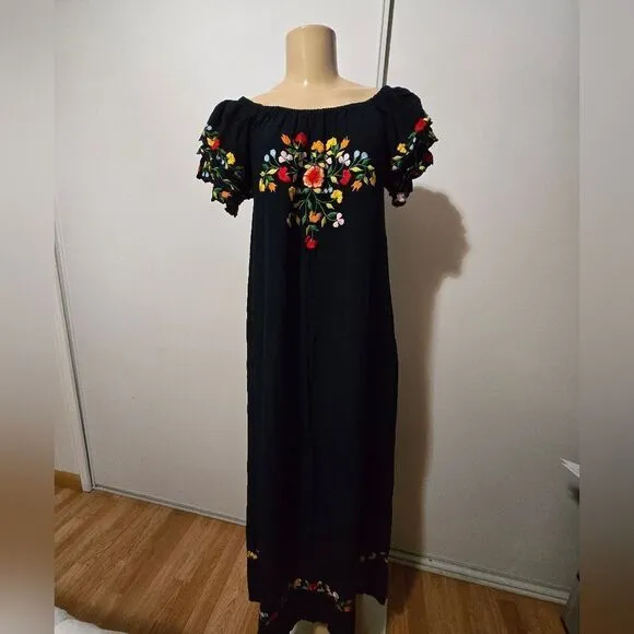 Back From Bali Womens Long Mexican Embroidered Dress, Maxi Long Summer Peasant