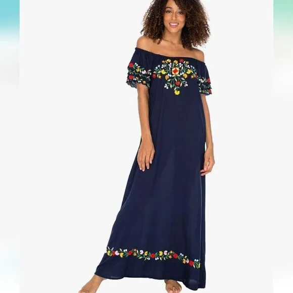 Back From Bali Womens Long Mexican Embroidered Dress, Maxi Long Summer Peasant