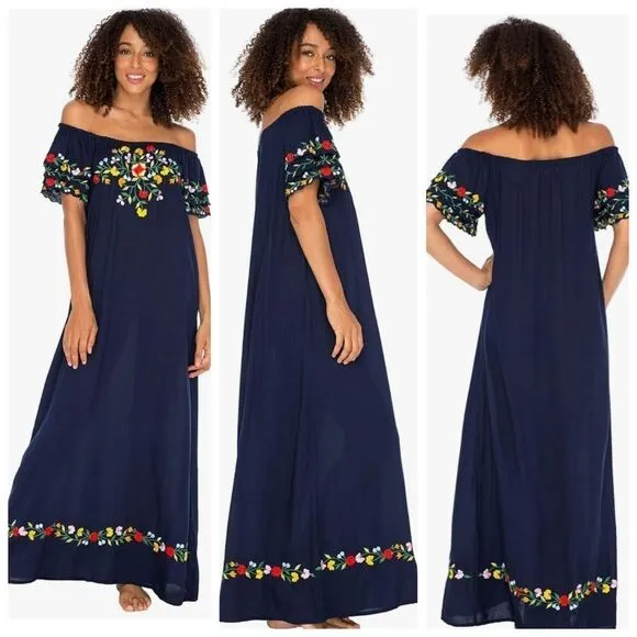 Back From Bali Womens Long Mexican Embroidered Dress, Maxi Long Summer Peasant