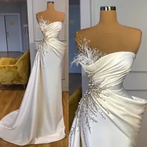 beaded feather evening dresses long mermaid off white modest elegant satin evening gown