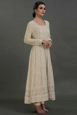 Beautiful Pure Georgette Handwork Chikankari Off-White Anarkali Suit