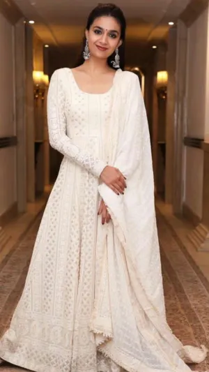 Beautiful Pure Georgette Handwork Chikankari Off-White Anarkali Suit