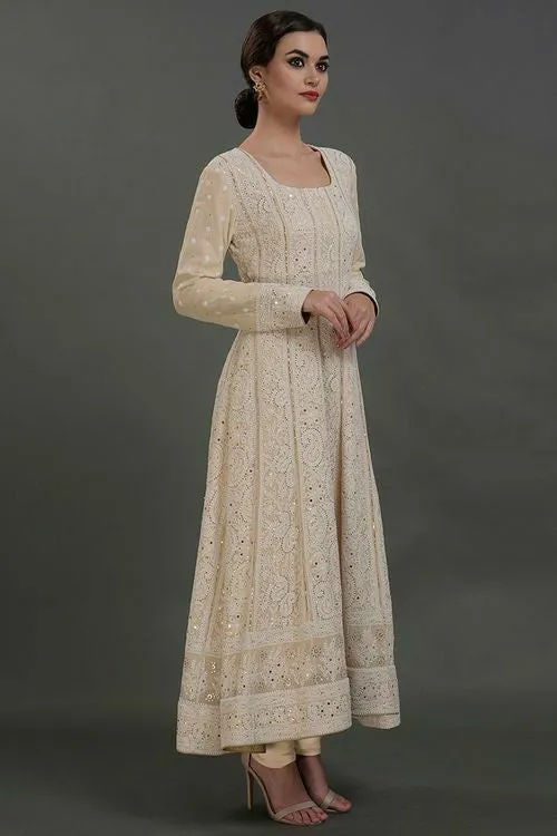 Beautiful Pure Georgette Handwork Chikankari Off-White Anarkali Suit
