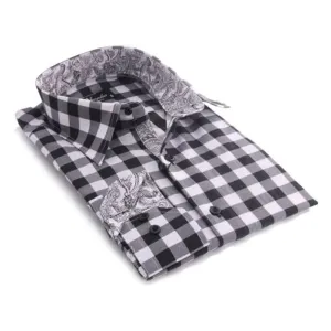 Black & White Check Mens Slim Fit Designer French Cuff Shirt - tailored Cotton Shirts for Work and