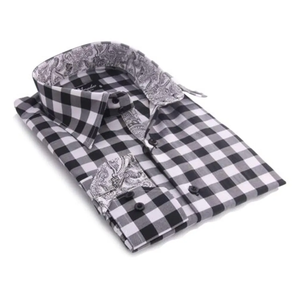 Black & White Check Mens Slim Fit Designer French Cuff Shirt - tailored Cotton Shirts for Work and