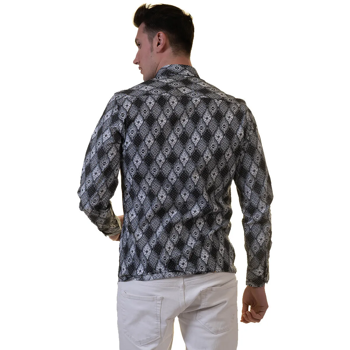 Black and White Mens Slim Fit Designer Dress Shirt - tailored Cotton Shirts for Work and Casual Wear