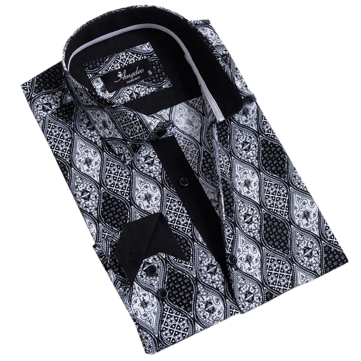Black and White Mens Slim Fit Designer Dress Shirt - tailored Cotton Shirts for Work and Casual Wear