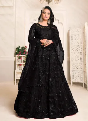 Black Embroidered Flared Anarkali Suit