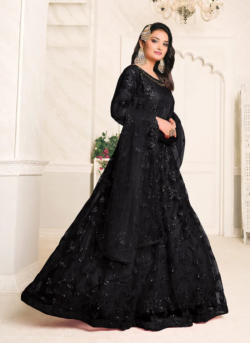 Black Embroidered Flared Anarkali Suit
