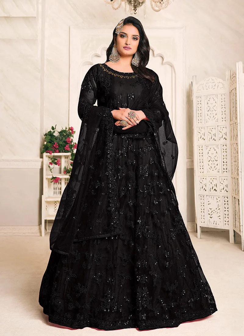 Black Embroidered Flared Anarkali Suit