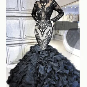 black evening dresses 2020 tiered lace appliqué beaded modest elegant luxury evening gown robe de soiree