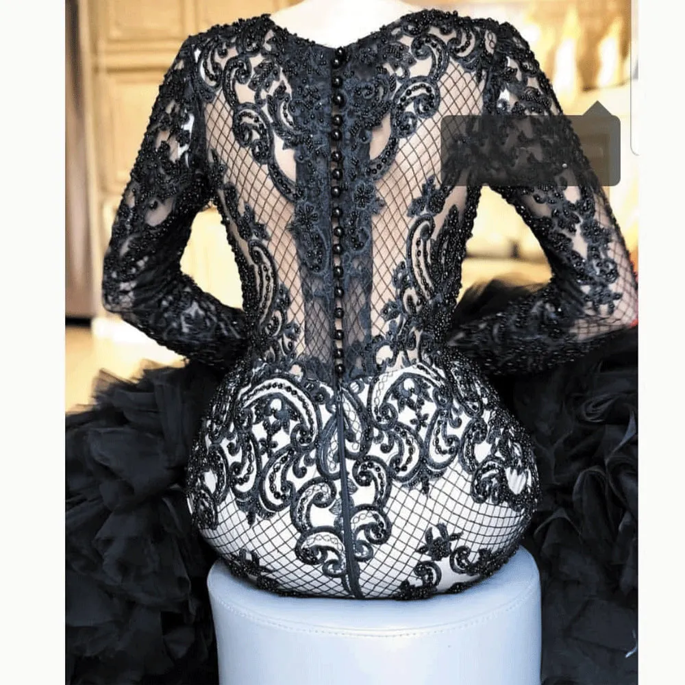 black evening dresses 2020 tiered lace appliqué beaded modest elegant luxury evening gown robe de soiree
