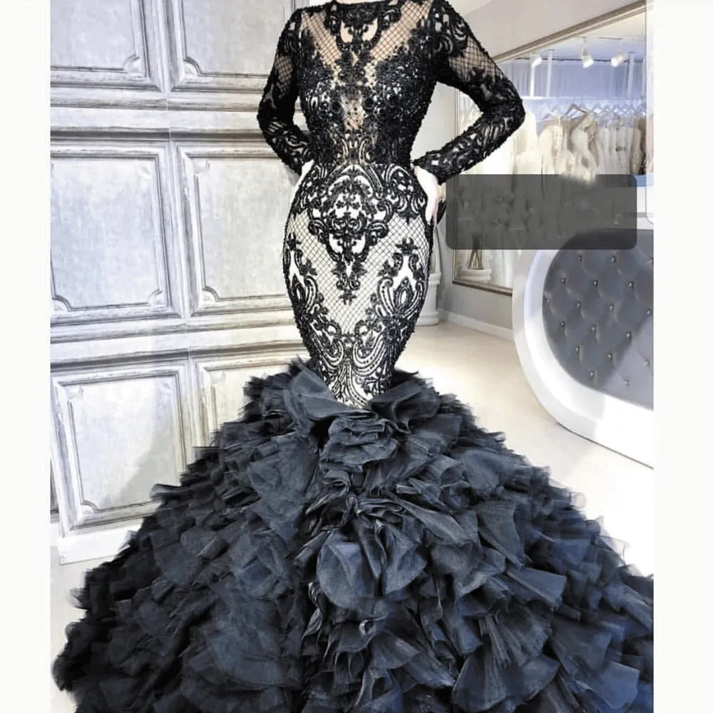 black evening dresses 2020 tiered lace appliqué beaded modest elegant luxury evening gown robe de soiree