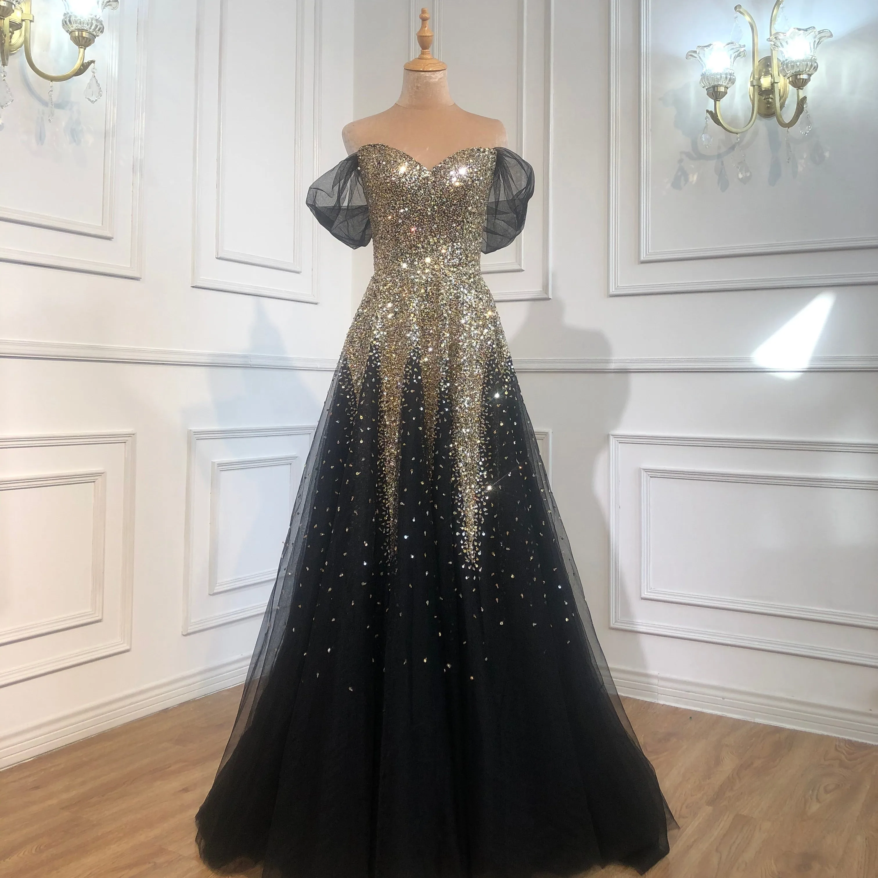 Black Gold A-line Luxury Evening Dresses Gowns