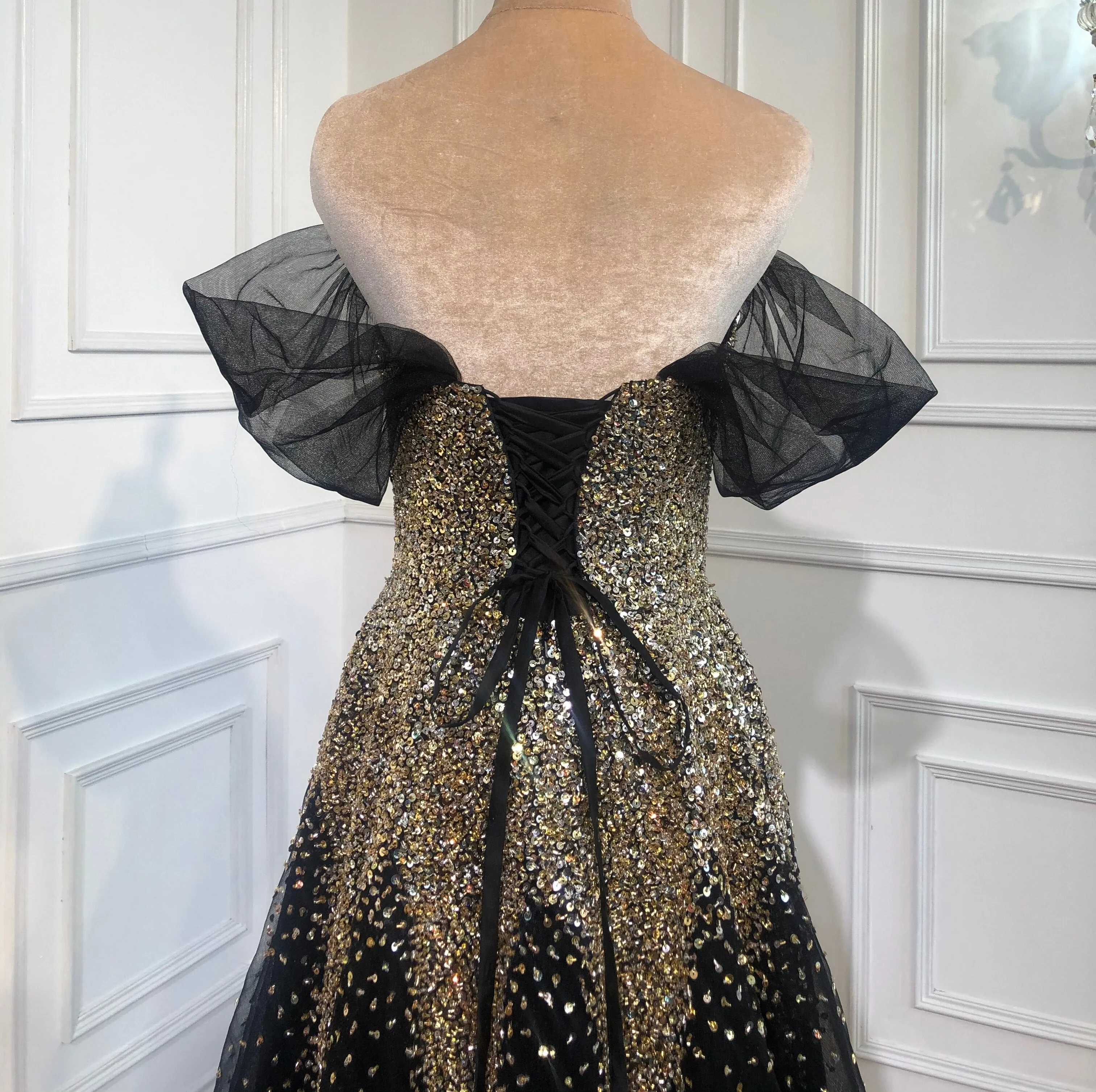 Black Gold A-line Luxury Evening Dresses Gowns