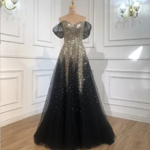 Black Gold A-line Luxury Evening Dresses Gowns