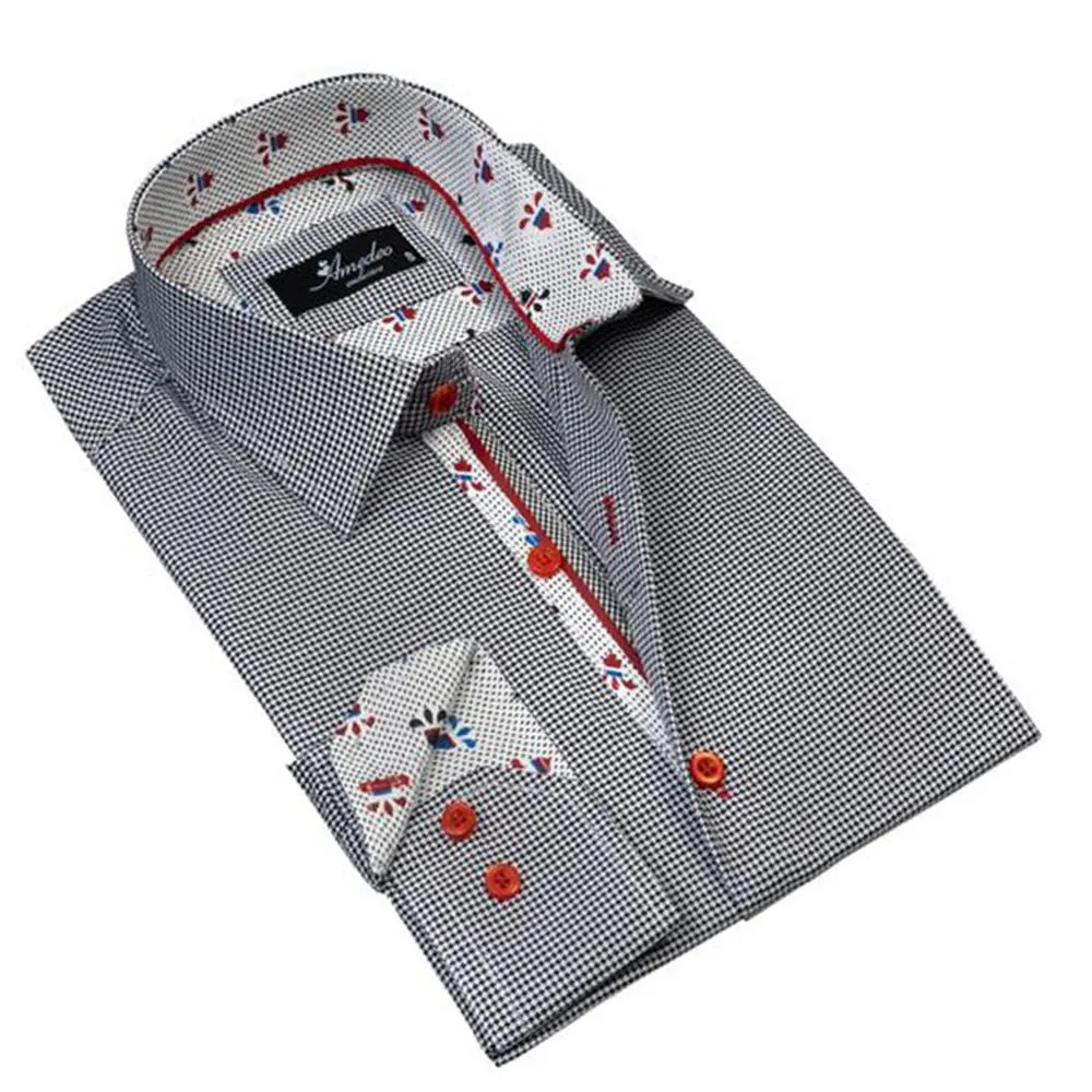 Black White Herringbone Mens Slim Fit Designer French Cuff Shirt - tailored Cotton Shirts for Work and