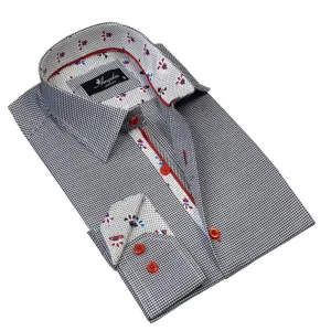 Black White Herringbone Mens Slim Fit Designer French Cuff Shirt - tailored Cotton Shirts for Work and