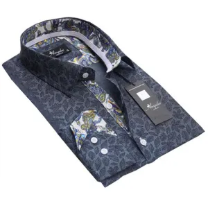 Black with Colorful Paisley Mens Slim Fit Designer French Cuff Shirt - tailored Cotton Shirts for Work and Casual Wear