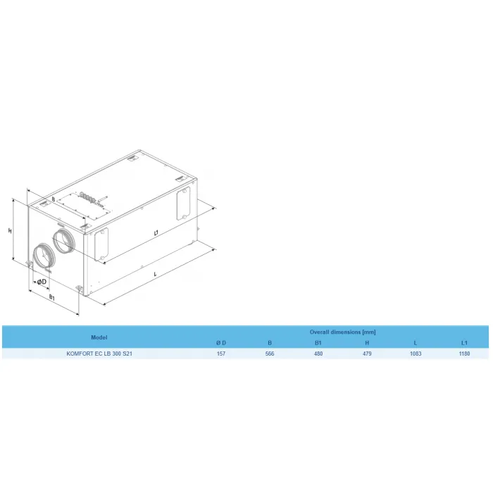 Blauberg KOMFORT-EC-LB-300-S25 Komfort Horizontally Mounted MVHR Mechanical Ventilation Unit with Heat Recovery - Built-in Controls