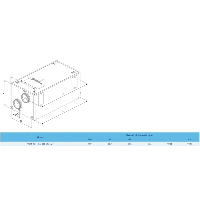 Blauberg KOMFORT-EC-LB-400-S25 Komfort Horizontally Mounted MVHR Mechanical Ventilation Unit with Heat Recovery - Built-in Controls