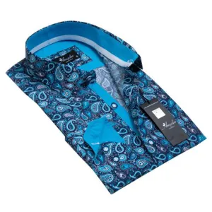 Blue Paisley Mens Slim Fit Designer Dress Shirt - tailored Cotton Shirts for Work and Casual Wear