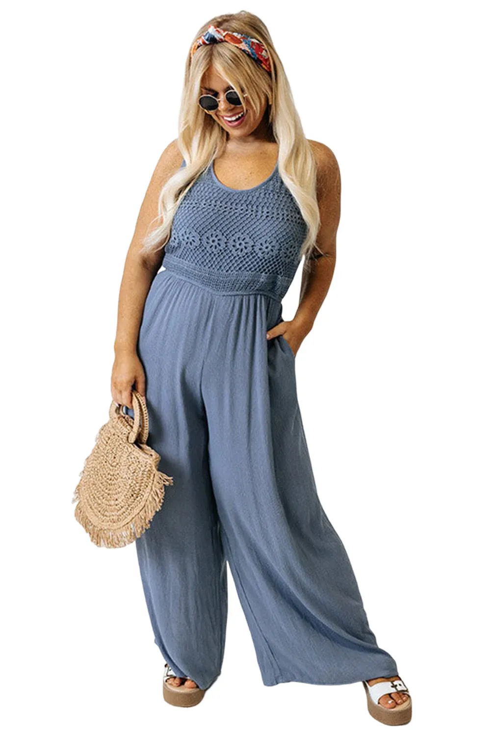 Blue Tie Back Crochet Tank Casual Plus Size Jumpsuit