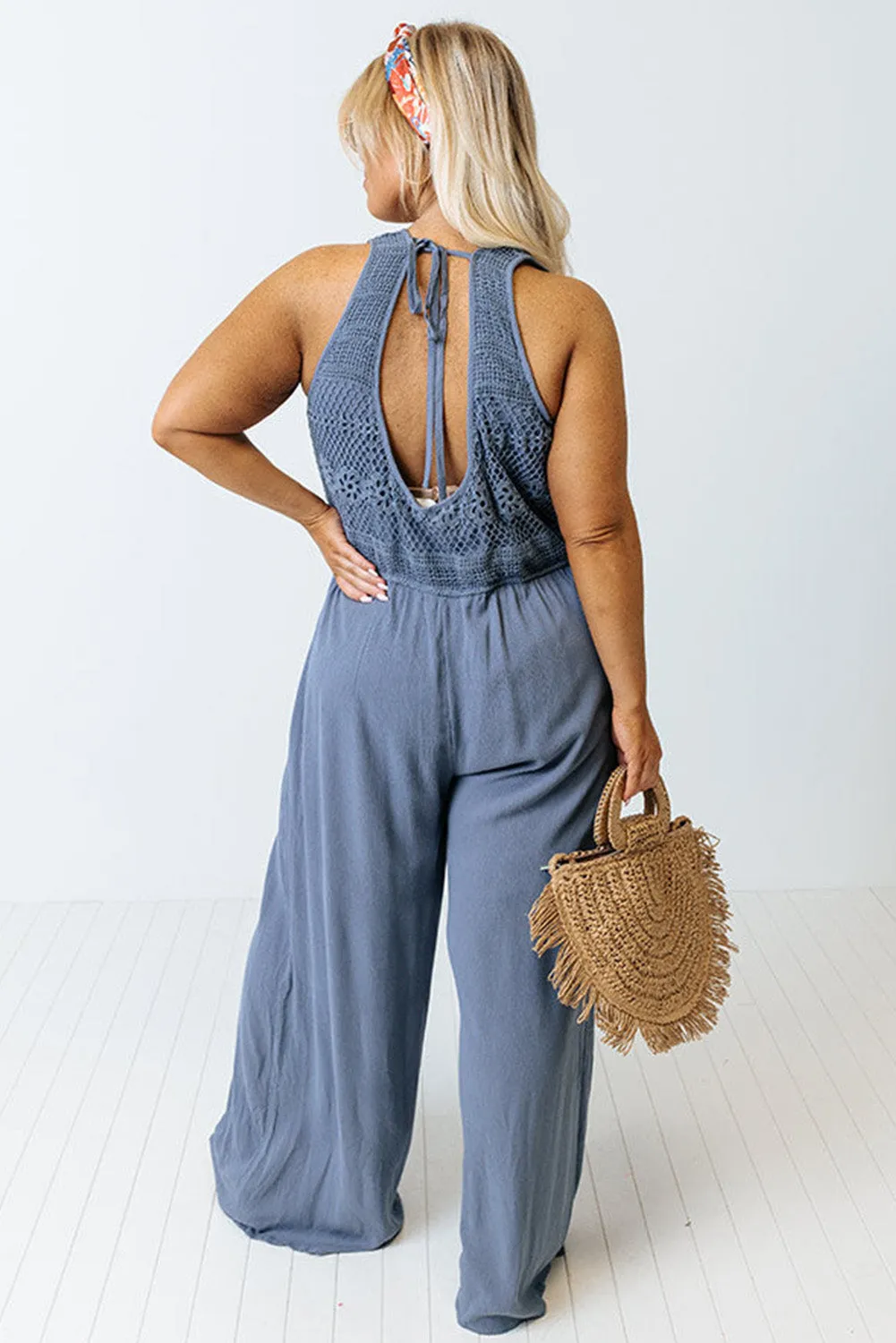 Blue Tie Back Crochet Tank Casual Plus Size Jumpsuit