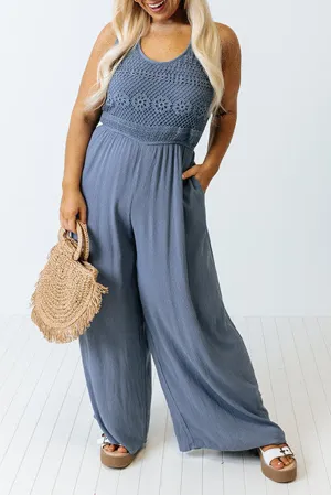 Blue Tie Back Crochet Tank Casual Plus Size Jumpsuit