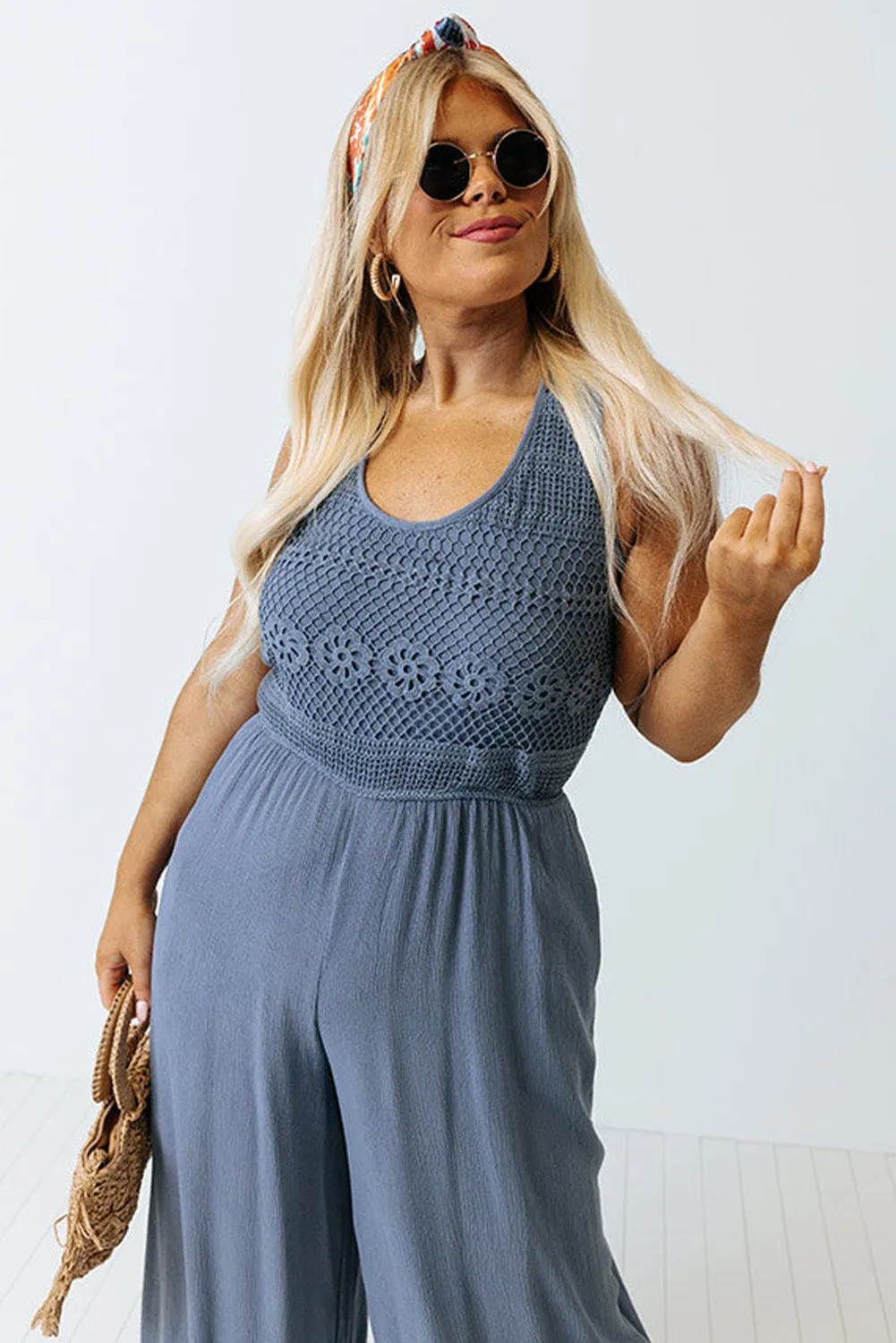 Blue Tie Back Crochet Tank Casual Plus Size Jumpsuit