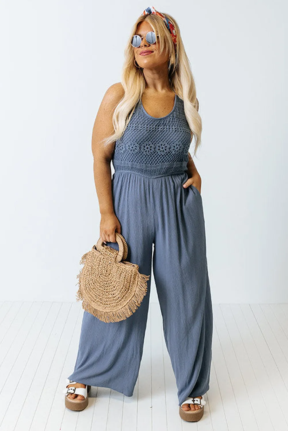 Blue Tie Back Crochet Tank Casual Plus Size Jumpsuit