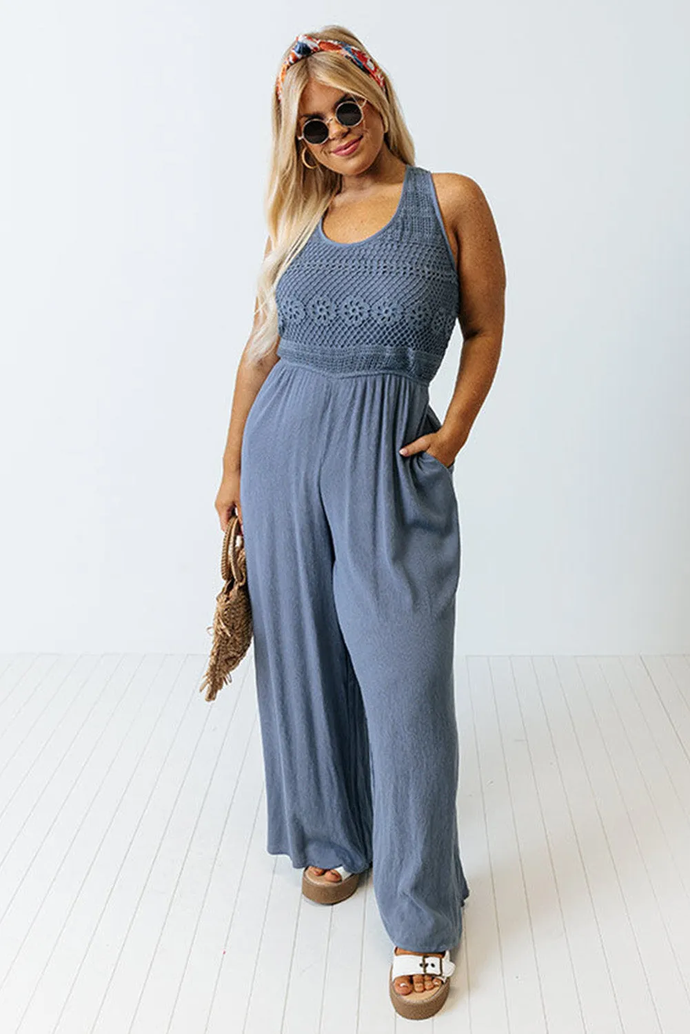 Blue Tie Back Crochet Tank Casual Plus Size Jumpsuit