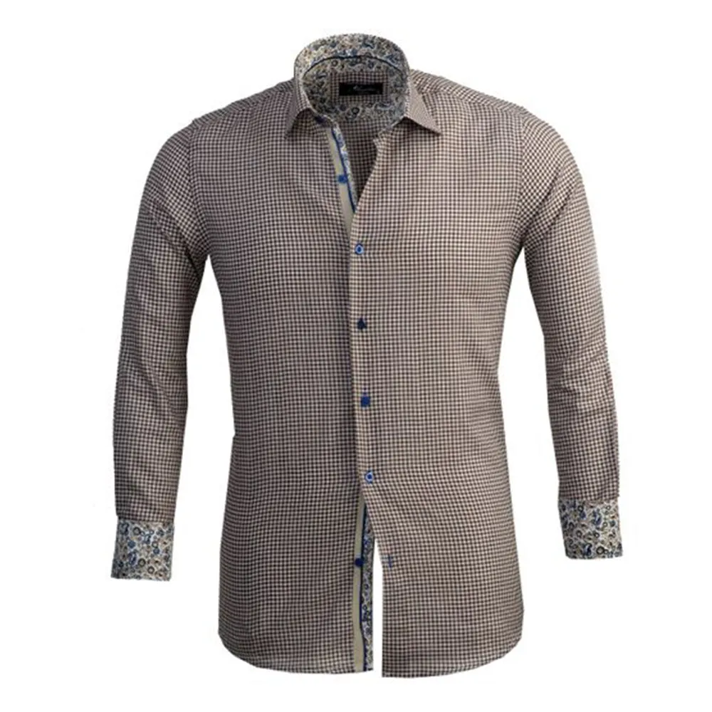 Brown White Checkered Mens Slim Fit Designer Dress Shirt - tailored Cotton Shirts for Work and