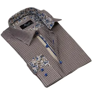 Brown White Checkered Mens Slim Fit Designer Dress Shirt - tailored Cotton Shirts for Work and