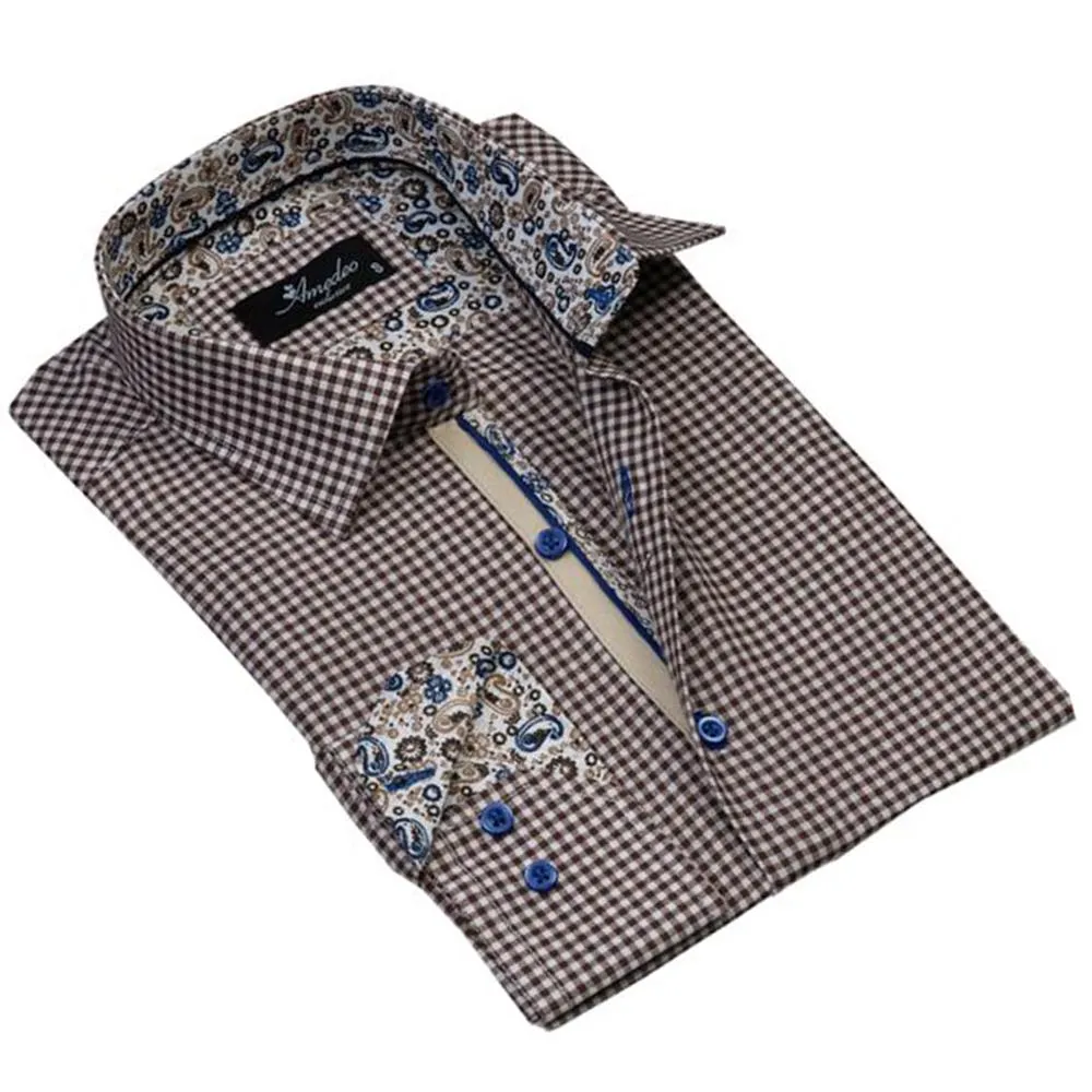 Brown White Checkered Mens Slim Fit Designer Dress Shirt - tailored Cotton Shirts for Work and