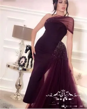 burgundy evening dresses with detachable skirt Dubai beaded one shoulder arabic evening gown