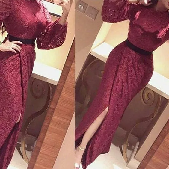 burgundy lace evening dresses long sleeve mermaid modest elegant evening gown robe de soiree
