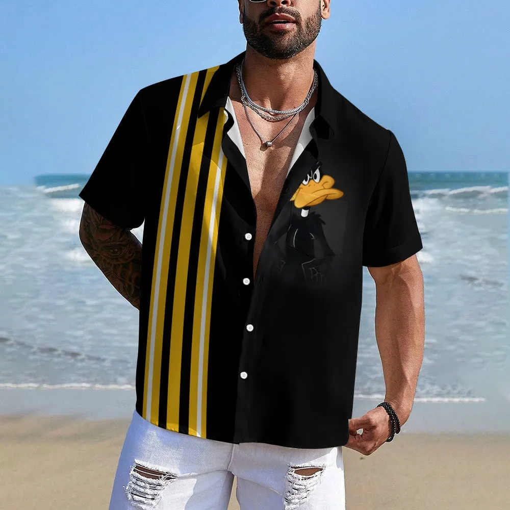 Cartoon Funny Duck Stripe Print Short Sleeve Shirt 2406000727