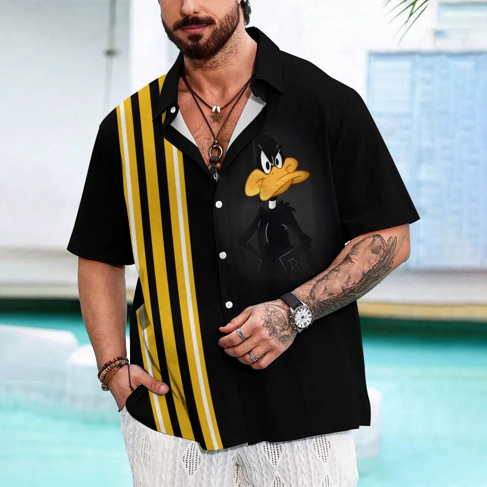 Cartoon Funny Duck Stripe Print Short Sleeve Shirt 2406000727