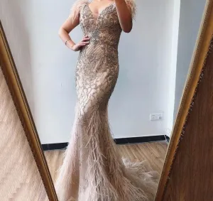Champagne Luxury V-Neck Sexy Mermaid Evening Dresses Diamond Feathers Sleeveless Formal Dress