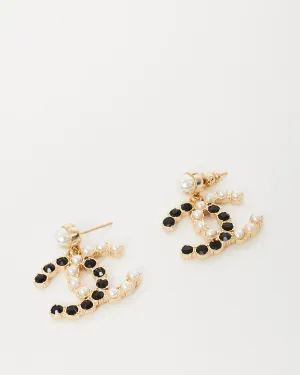 Chanel Gold Tone Black and White Pearl Logo Large 20A Stud Earrings