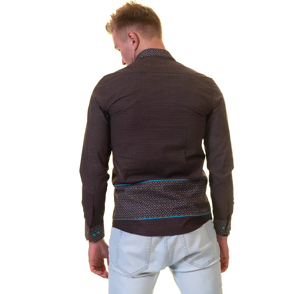 Chocolate Brown and Turqouise Blue Mens Slim Fit Designer Dress Shirt - tailored Cotton Shirts for Work and Casual Wear