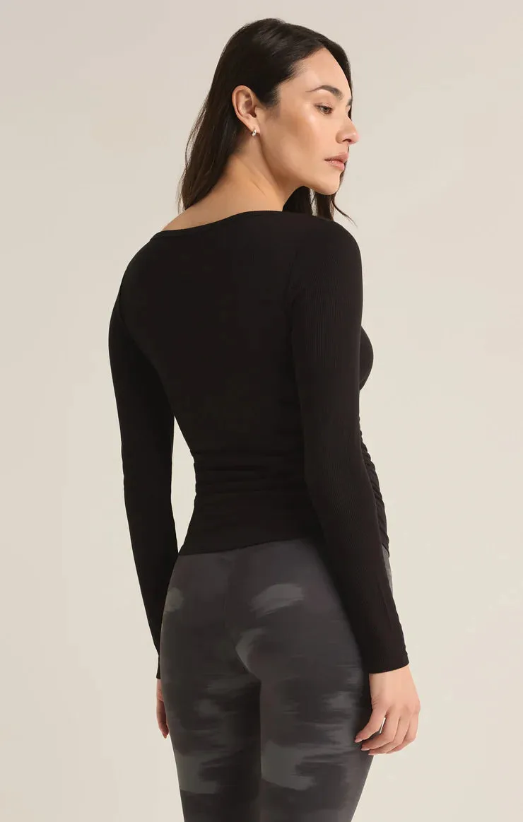 CINCH RIB LONG SLEEVE TOP-BLACK