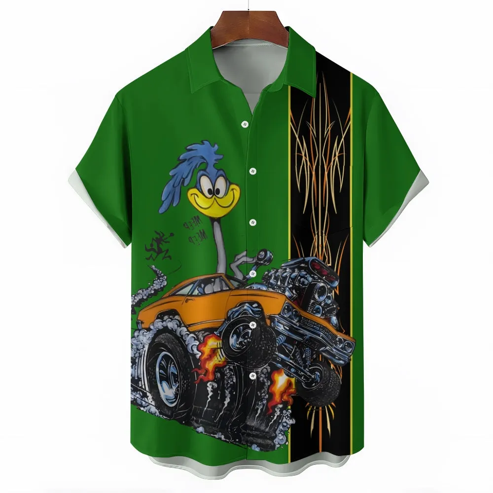 Classic Cartoon Modified Car Pinstripe Contrast Short Sleeve Shirt 2406000597