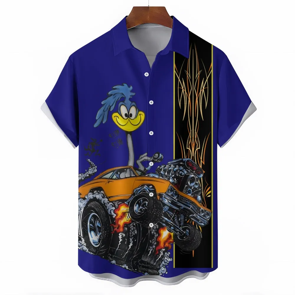 Classic Cartoon Modified Car Pinstripe Contrast Short Sleeve Shirt 2406000597